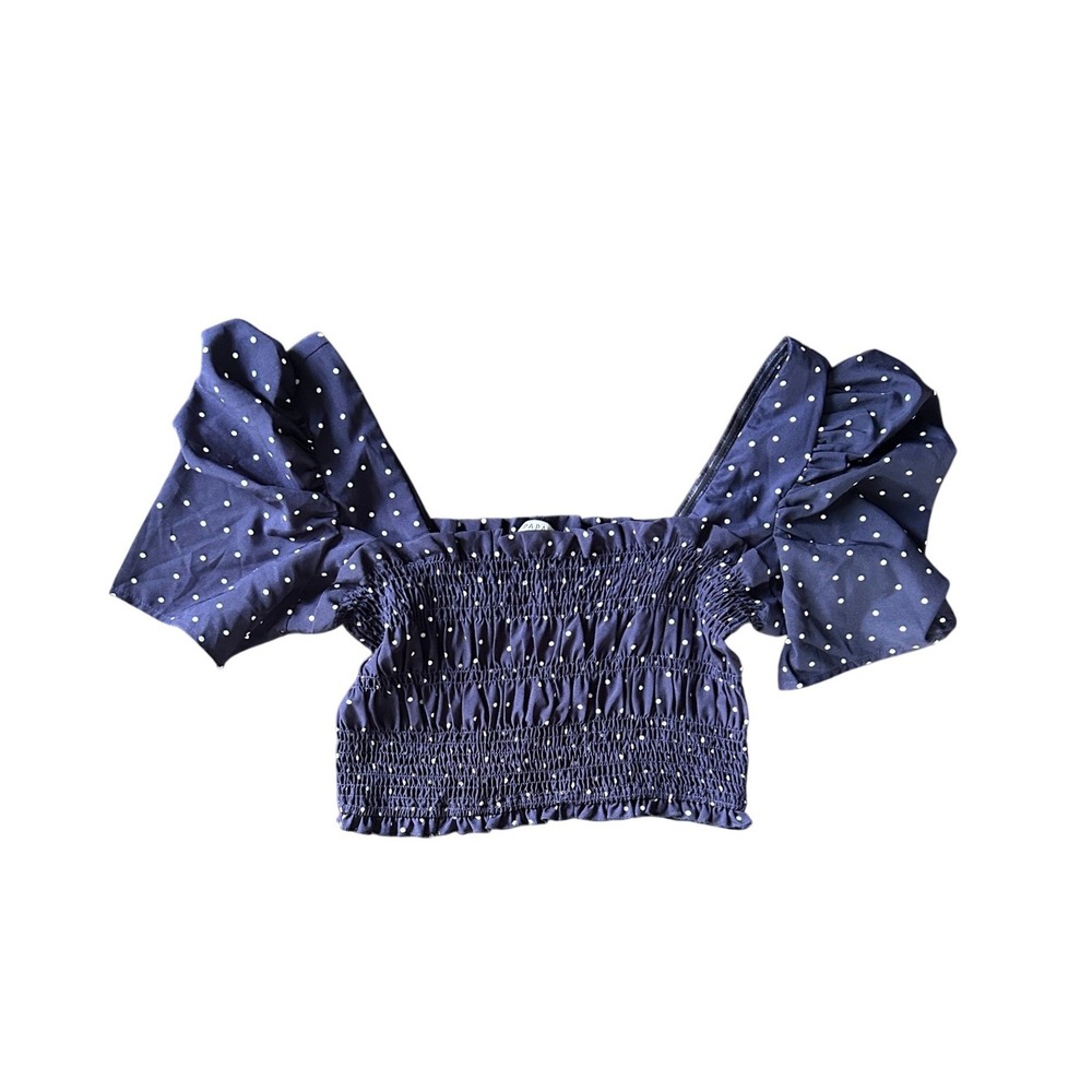 Girly Navy Blue Polka Dot Smocked Crop Top Flutter Puff Sleeve Square Neck Large